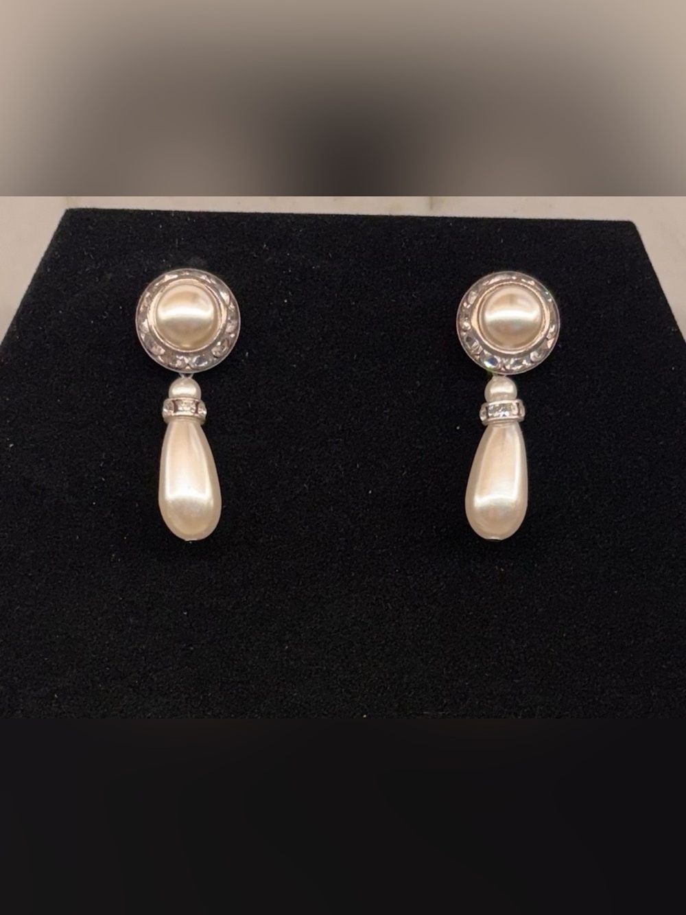 Vintage Faux Pearl w/rhinestone dangle earrings Mid-Century Modern wedding